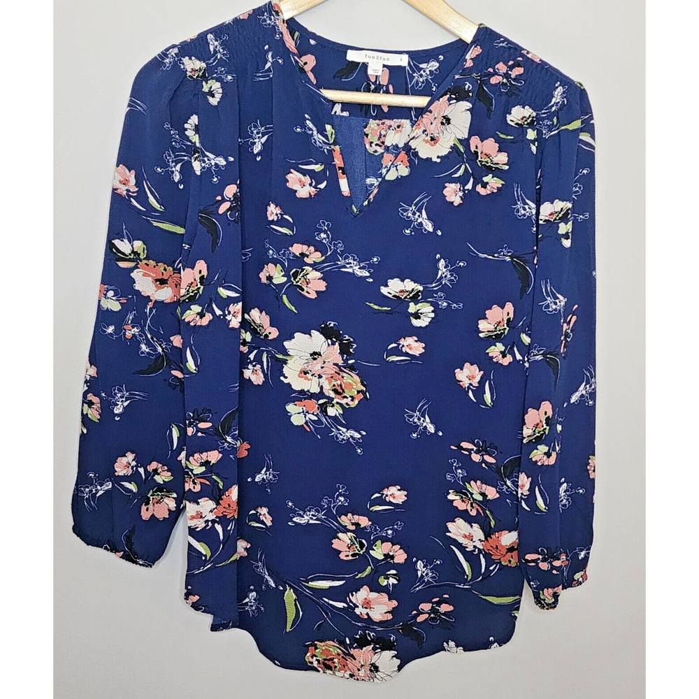 fun2fun Blouse Navy Blue Floral Split Neck‎ Smocked Long Sleeve Womens Size S